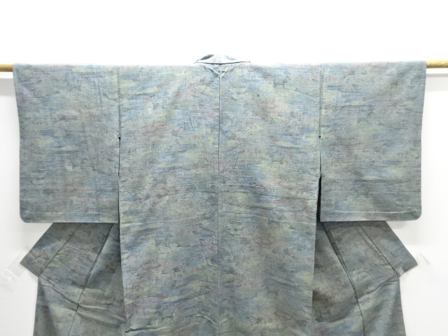  アンティーク　風景模様織り出し手織り真綿小千谷紬単衣着物